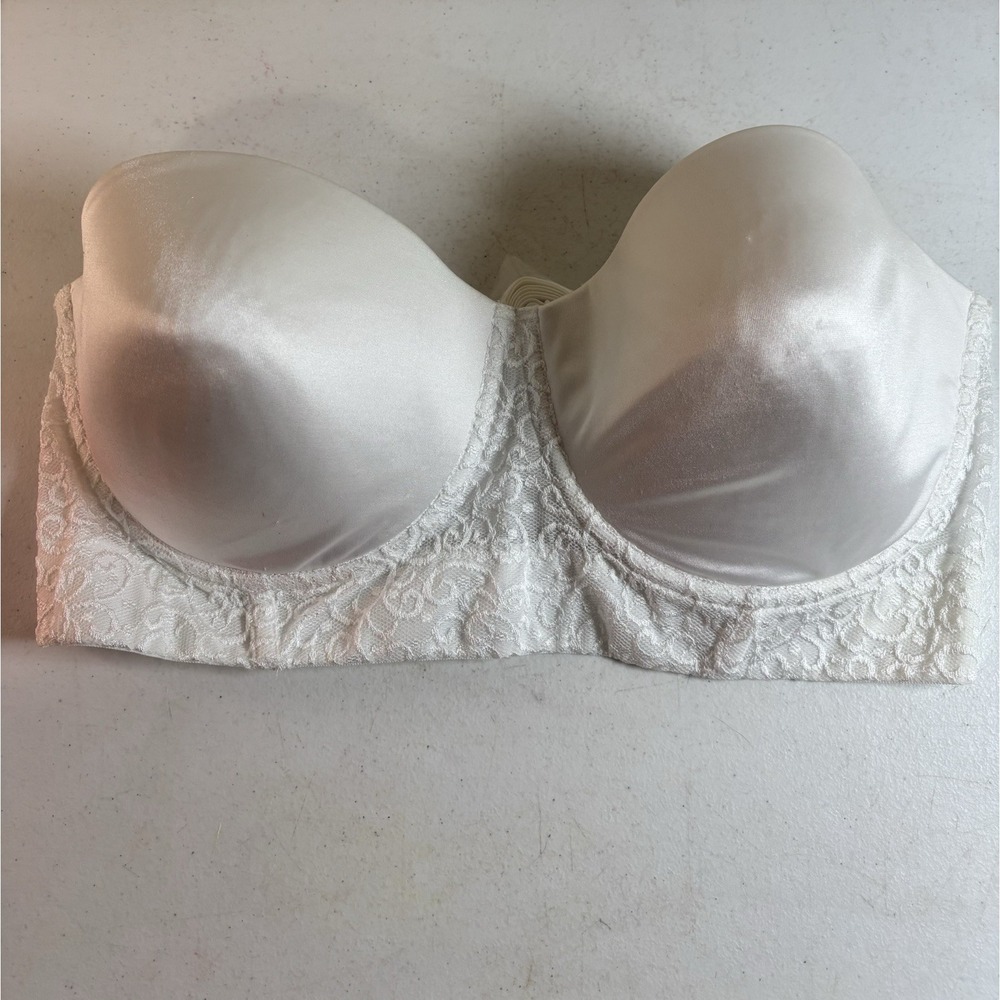 Playtex Secrets Bra 42D #4658  Strapless‎ White Lace Trim Back Closure Comfort
